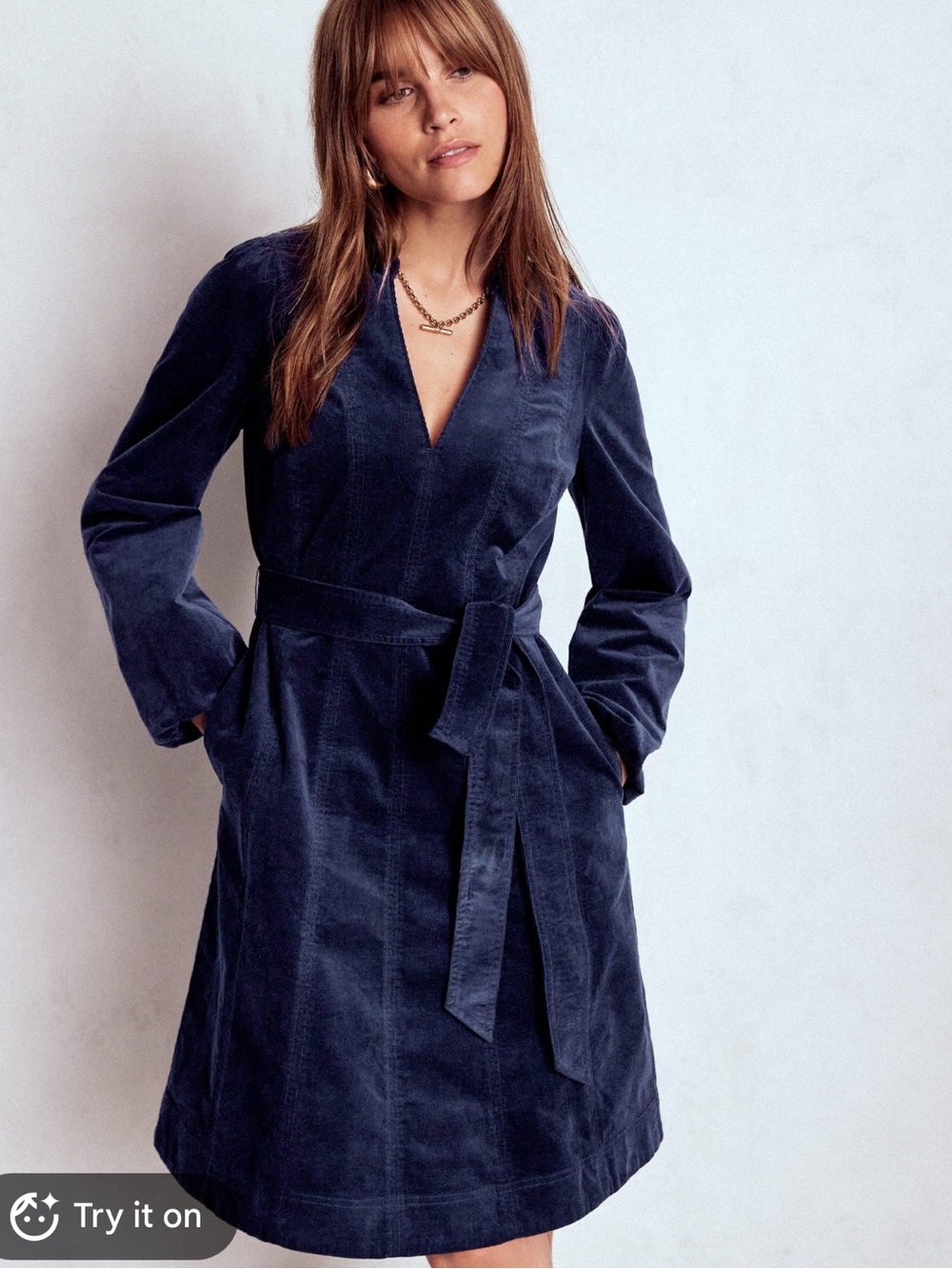 Boden Navy V‑Neck Panelled Cord Dress with Tie Waist